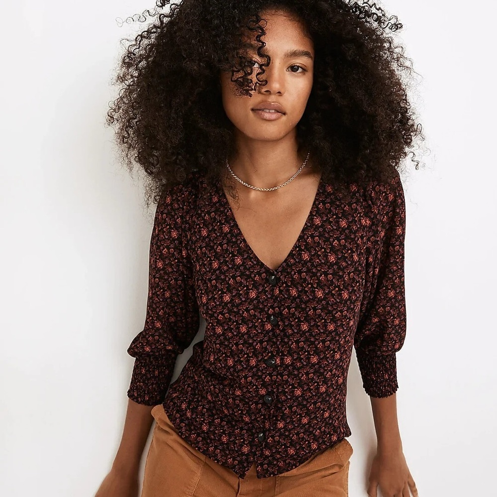 Madewell Button Front Blouse – Sheer Long Sleeve Smocked Cuff Top – Size 00